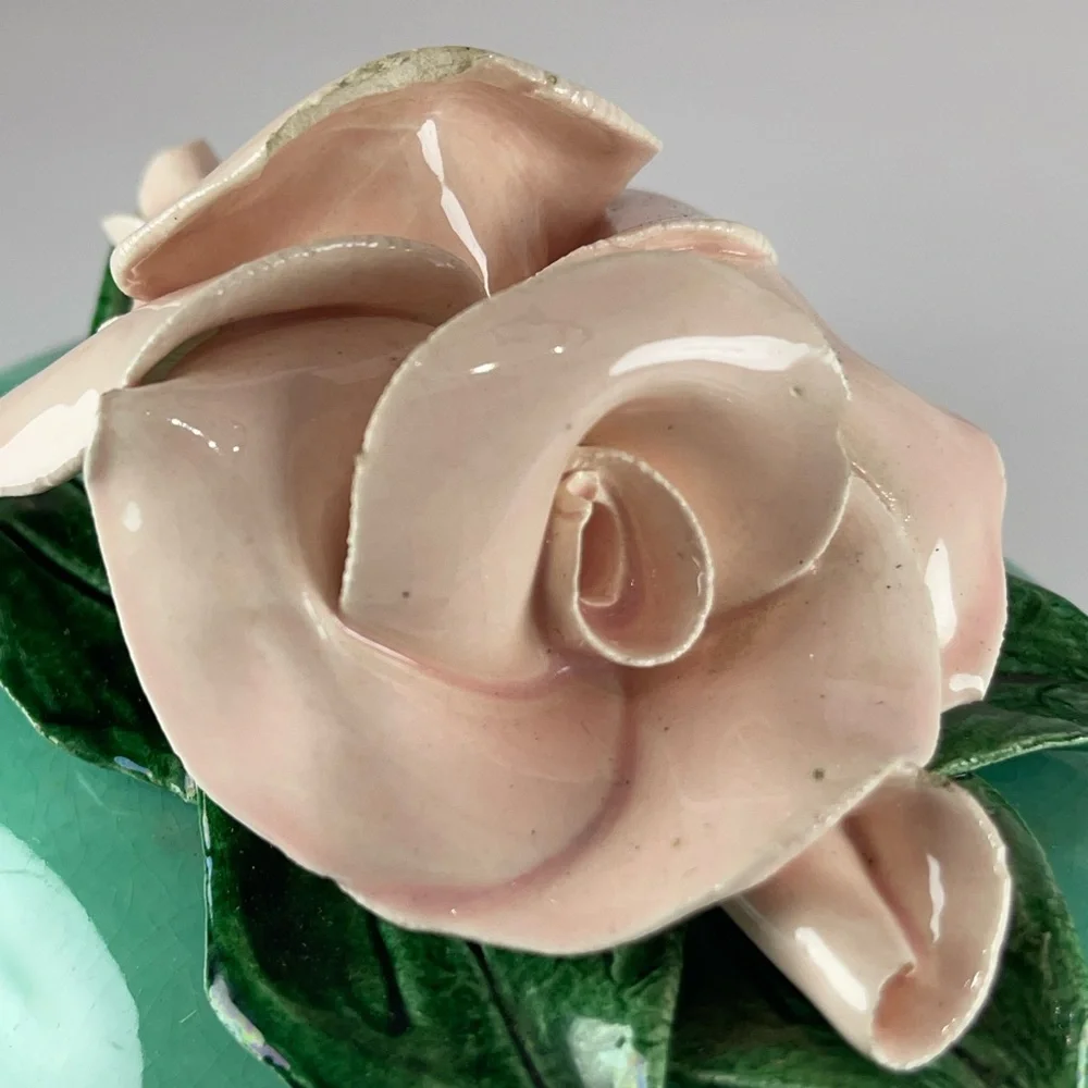 Vintage turquoise porcelain pink roses trinket jewelry box